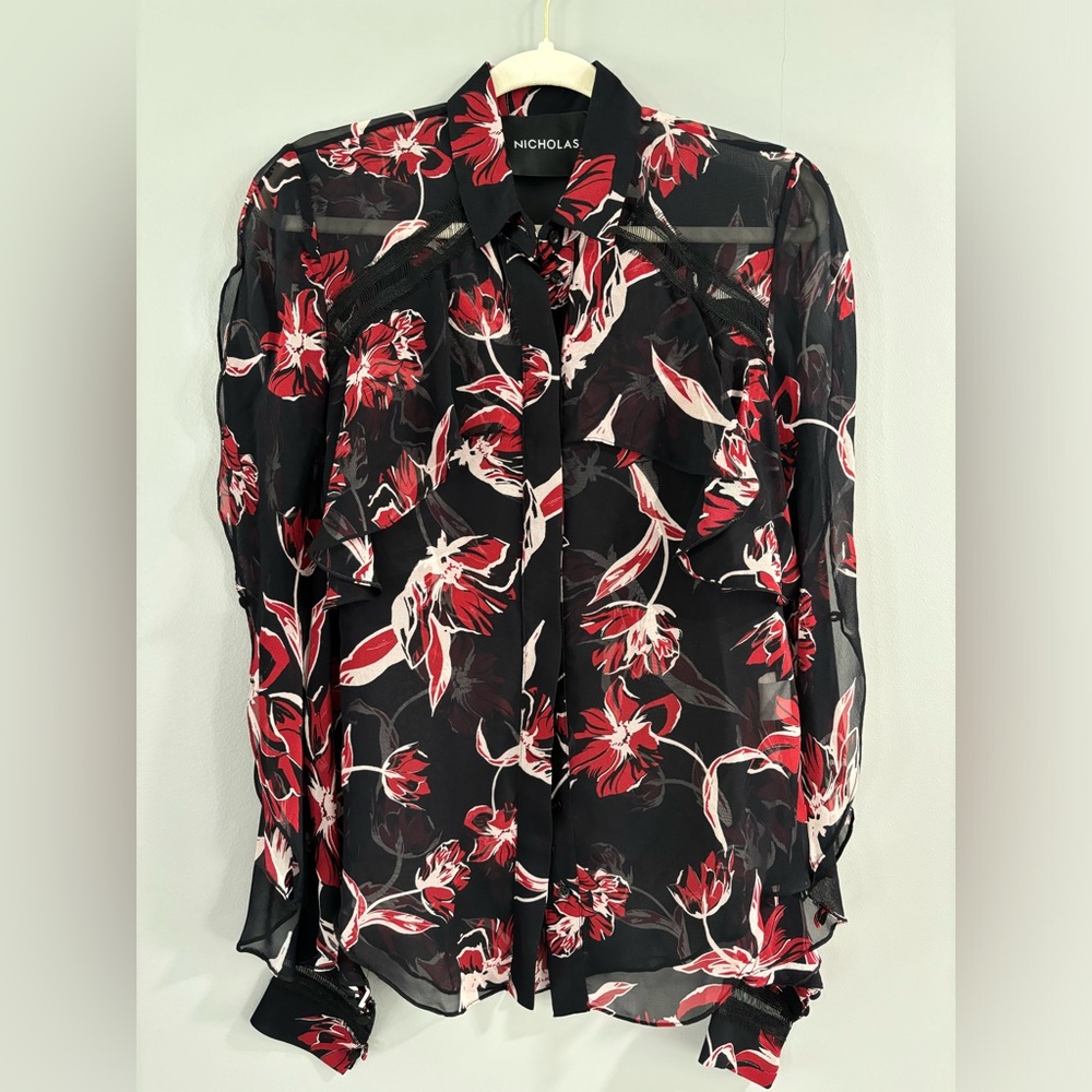 NICHOLAS Black Red Floral Ruffle Open Shoulder Silk Airy‎ Blouse Top US 2
